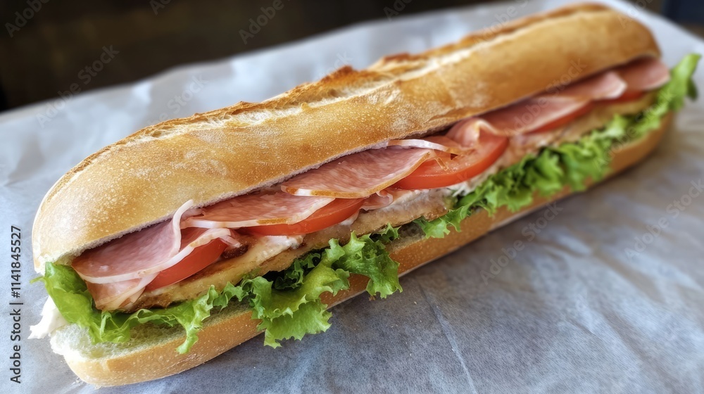 Freshly Made Baguette Sandwich with Layers of Ham Tomato and Lettuce on a White Background Freshly Made Baguette Sandwich with Layers of Ham Tomato and Lettuce on a White Background