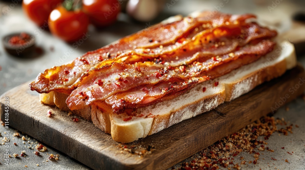Delicious crispy bacon on toasted white bread with fresh red tomatoes served on a rustic wooden cutting board against a stone background Delicious crispy bacon on toasted white bread with fresh red tomatoes served on a rustic wooden cutting board against a stone background
