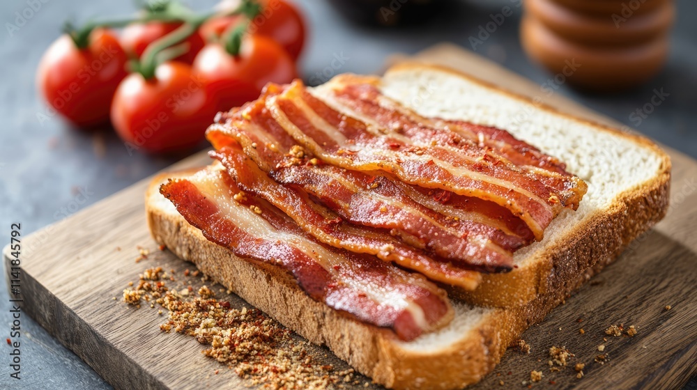 Bacon on white bread with fresh tomatoes on a wooden cutting board against a textured stone background showcasing a delicious breakfast scene