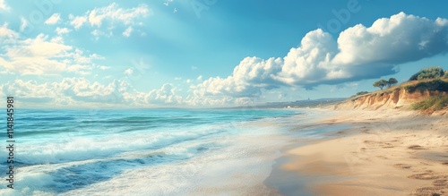 Serene coastal landscape with gentle waves and clear blue skies showcasing nature's beauty and tranquility at the beach.