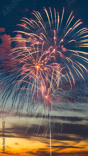 A photo of a vibrant fireworks display against a charcoal-gray sky with faint metallic undertones photo