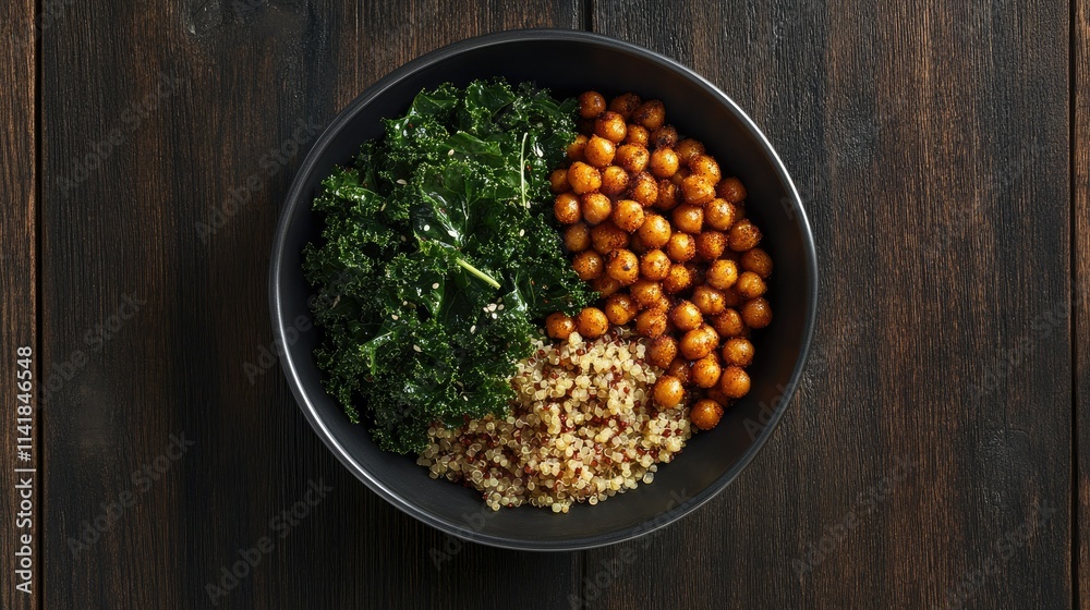 Balanced meal bowl with kale, roasted chickpeas, and quinoa placed on a dark wooden backdrop Balanced meal bowl with kale, roasted chickpeas, and quinoa placed on a dark wooden backdrop