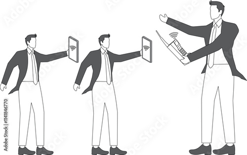manager holding a remote control a row of businessmen within signal range