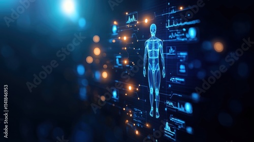 A futuristic, digital representation of a human figure surrounded by glowing data elements and visualizations, symbolizing technology and health.