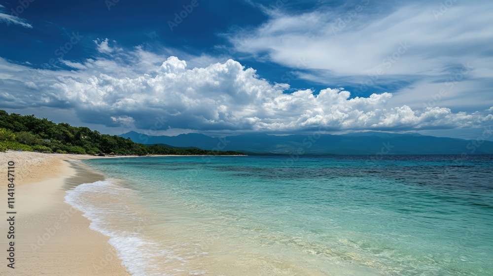 Serene beach landscape under a dramatic cloudy sky with gentle waves lapping on the shore and lush greenery in the background Serene beach landscape under a dramatic cloudy sky with gentle waves lapping on the shore and lush greenery in the background