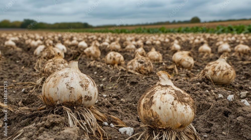 Onion Fields with Allium Cepa Bulbs Harvested in Agricultural Landscape Onion Fields with Allium Cepa Bulbs Harvested in Agricultural Landscape