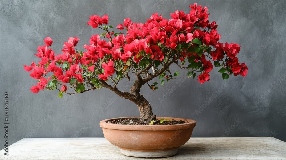 Vibrant red bougainvillea bonsai in a terracotta pot against a textured gray background showcasing its stunning blooms and intricate branches. Vibrant red bougainvillea bonsai in a terracotta pot against a textured gray background showcasing its stunning blooms and intricate branches.