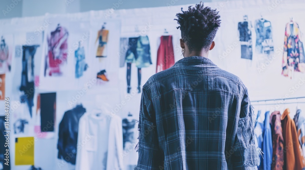 A fashion designer reviewing designs on a mood board. A fashion designer reviewing designs on a mood board.