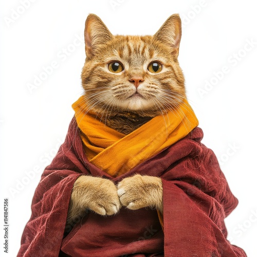 A wise cat dressed in monk robes, exuding calmness and wisdom, sits in a meditative pose, showcasing a unique blend of humor and serenity. photo