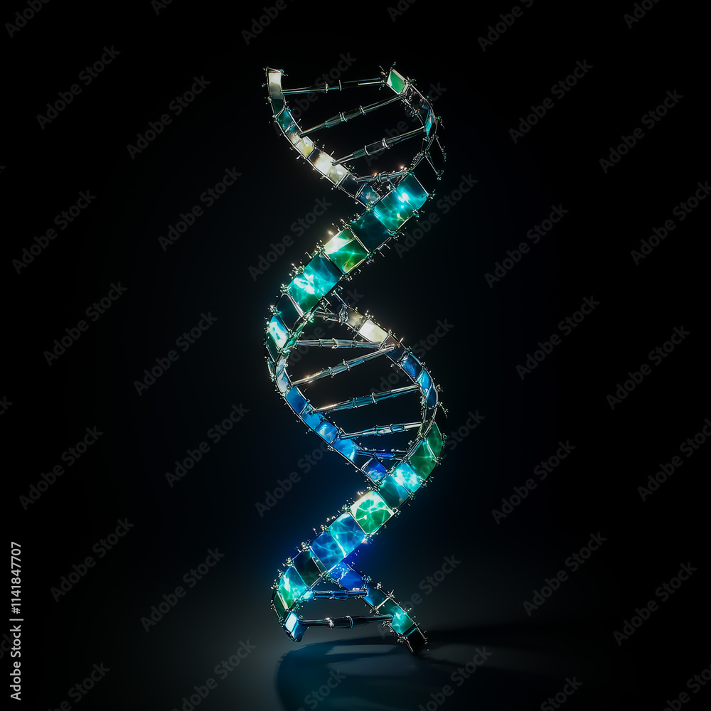Obraz premium A futuristic rendering of a DNA strand with glass-like reflections and vibrant glowing edges on a black backdrop.