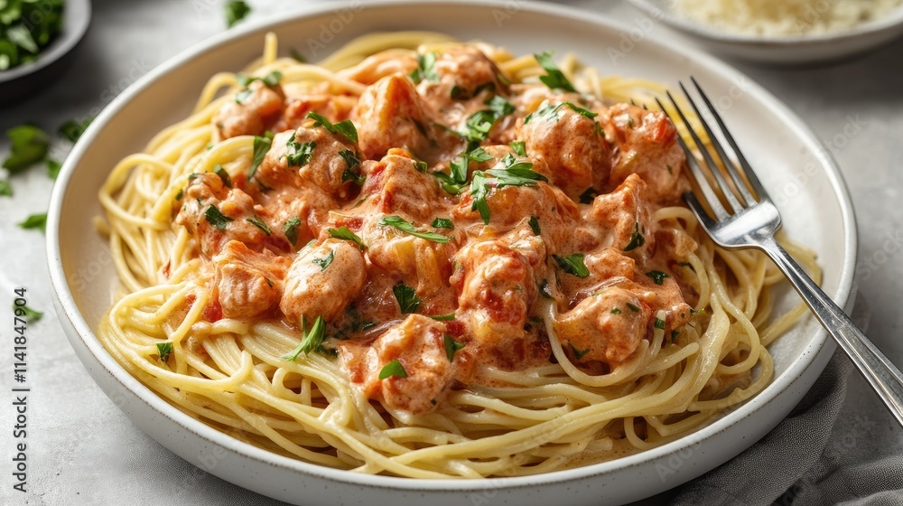 Classic Italian spaghetti with a fork twirling a bite-sized serving in a creamy sauce, garnished Classic Italian spaghetti with a fork twirling a bite-sized serving in a creamy sauce, garnished
