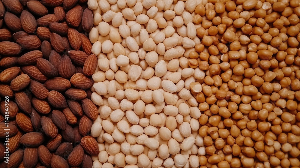 Almonds and Peanuts on White Background Assorted Nuts Healthy Snack Concept Close Up Top View Natural Ingredients