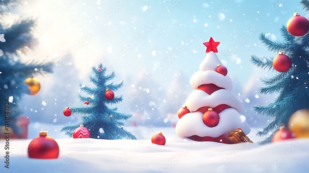Obraz premium Merry Christmas greeting card with snowy background and festive decorations 