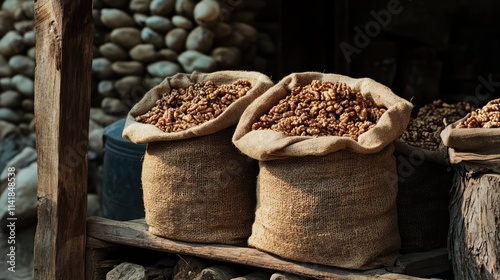 Burlap bags filled with freshly harvested walnuts displayed against a rustic stone backdrop