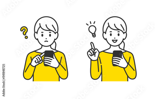 スマホを見て疑問を持つ･ひらめきのポーズをする若い女性のセット【人物ベクターイラスト素材】
