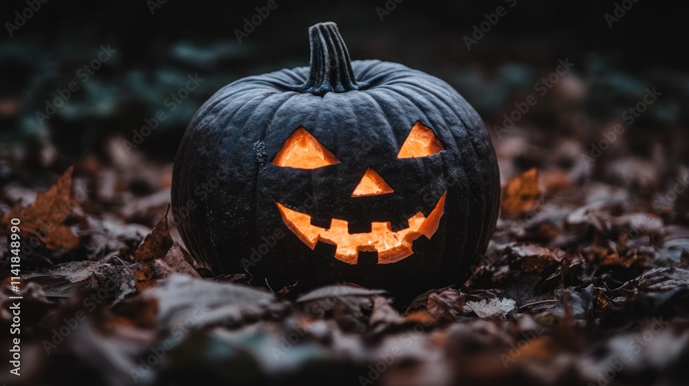 Glowing jack-o'-lantern sits in autumn leaves at night.