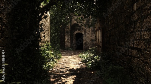 Abandoned alleyway with overgrown vegetation leading to an ancient stone archway illuminated by soft sunlight in a forgotten area.