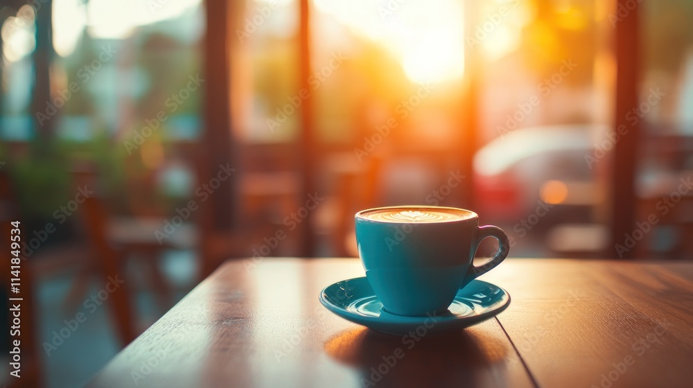 Teal coffee cup on wooden table at sunset cafe. Teal coffee cup on wooden table at sunset cafe.
