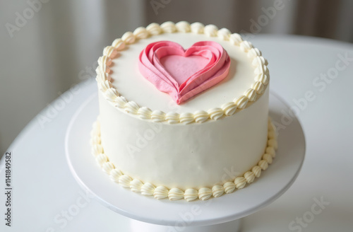 Elegant white cake with pink heart decoration on round stand. Valentine s Day photo