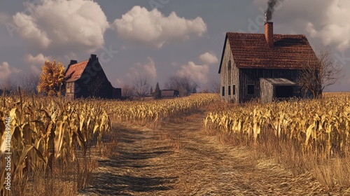 Barren cornfield with farm buildings after harvest showcasing autumn landscapes and rustic rural charm photo