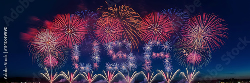 A photo of a vibrant fireworks display against a charcoal-gray sky with faint metallic undertones photo