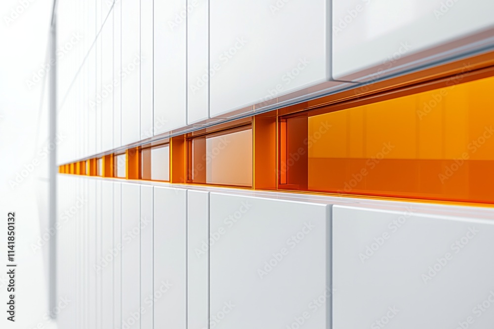 Modern building facade with white panels and orange windows Modern building facade with white panels and orange windows