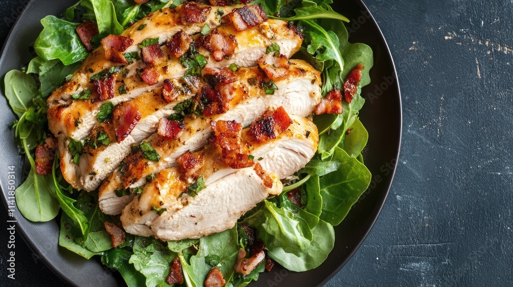 Grilled chicken breast topped with crispy bacon served on a bed of fresh leafy greens for a healthy flavorful meal option Grilled chicken breast topped with crispy bacon served on a bed of fresh leafy greens for a healthy flavorful meal option