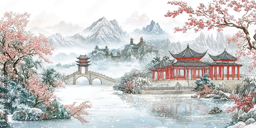 Obraz premium Serene winter garden scene: Elegant plum blossoms bloom amidst snow, framed by intricate Chinese pavilion. Artistic composition balancing delicate flowers and traditional architecture, perfect for tra