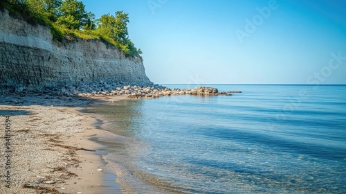 Serene beach scene with calm waters and rocky cliff under a clear blue sky showcasing tranquility and natural beauty