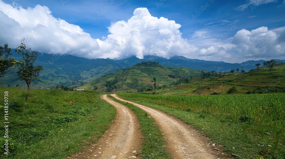 Scenic rural dirt road winding through lush green fields under a dramatic sky with mountains in the background Scenic rural dirt road winding through lush green fields under a dramatic sky with mountains in the background