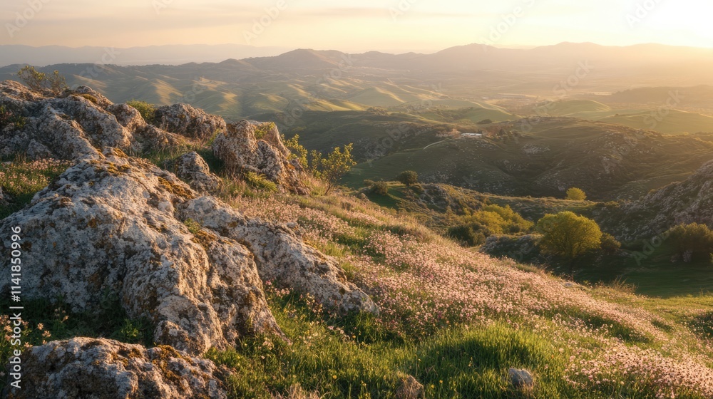Obraz premium Almond bloom landscape at sunset with rolling hills and rocky terrain in a serene natural setting.