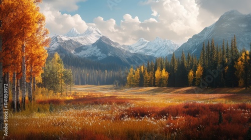 Scenic autumn landscape with mountains, vibrant trees, and golden fields under a blue sky showcasing nature's beauty.