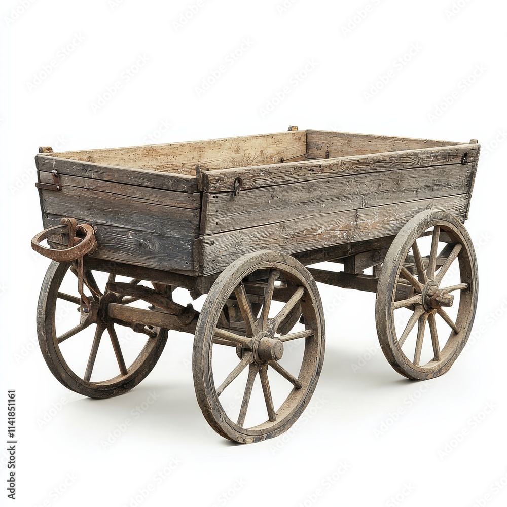 Fototapeta premium A rustic wooden cart with four wheels, showcasing vintage craftsmanship and aged wood, perfect for decoration or gardening.
