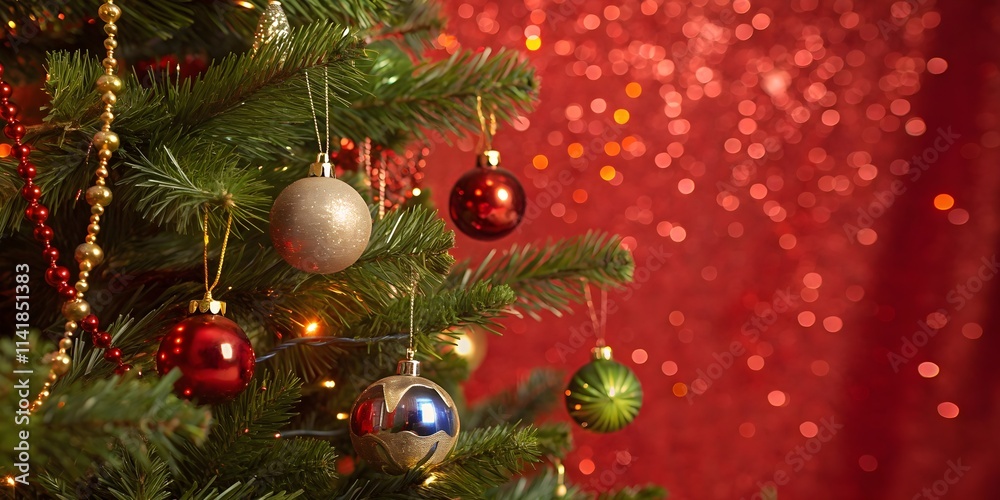 Christmas Tree In Red Shiny Glittering Background - Baubles Hanging On Fir With Abstract Lights Christmas Tree In Red Shiny Glittering Background - Baubles Hanging On Fir With Abstract Lights
