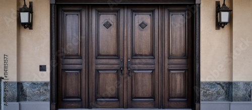 Antique double wooden entrance door with dark brown finish perfect for enhancing exterior design aesthetics and architectural inspiration photo