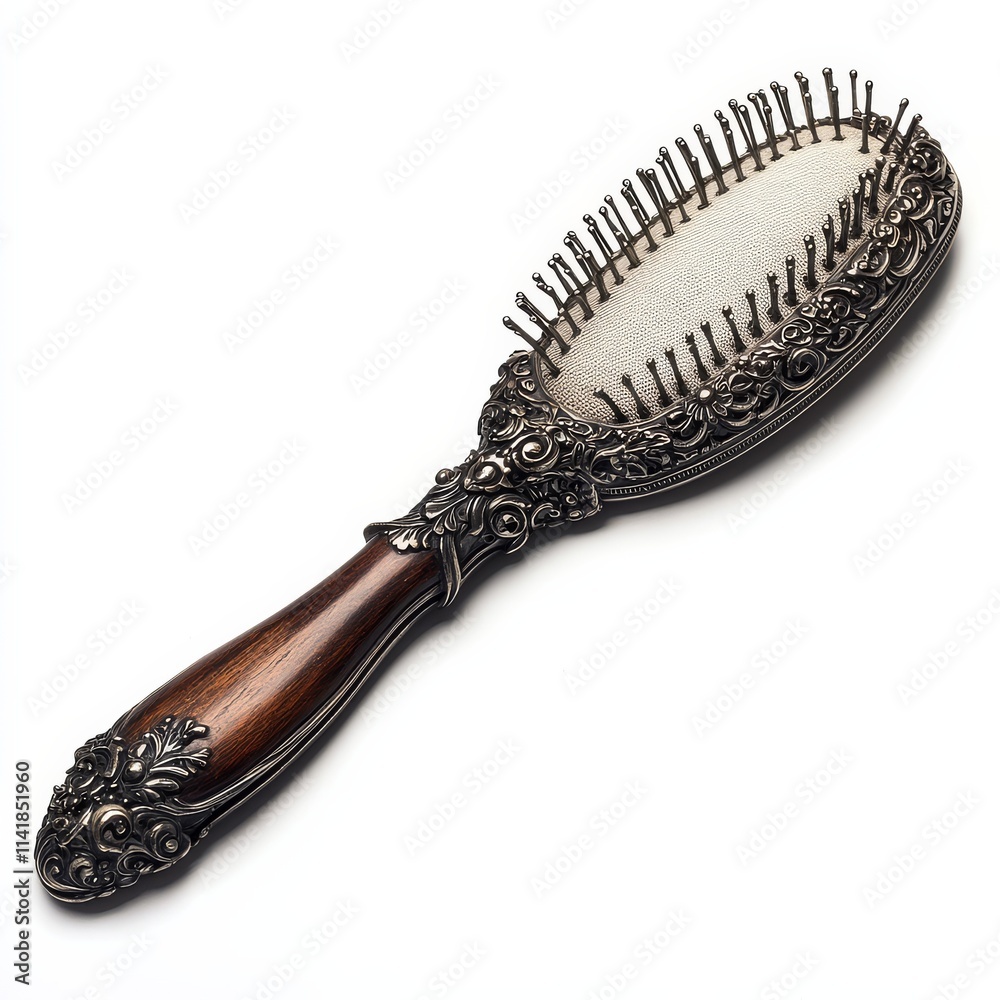 An ornate hairbrush featuring an intricate handle design, blending vintage elegance with functional beauty, perfect for styling and grooming. An ornate hairbrush featuring an intricate handle design, blending vintage elegance with functional beauty, perfect for styling and grooming.