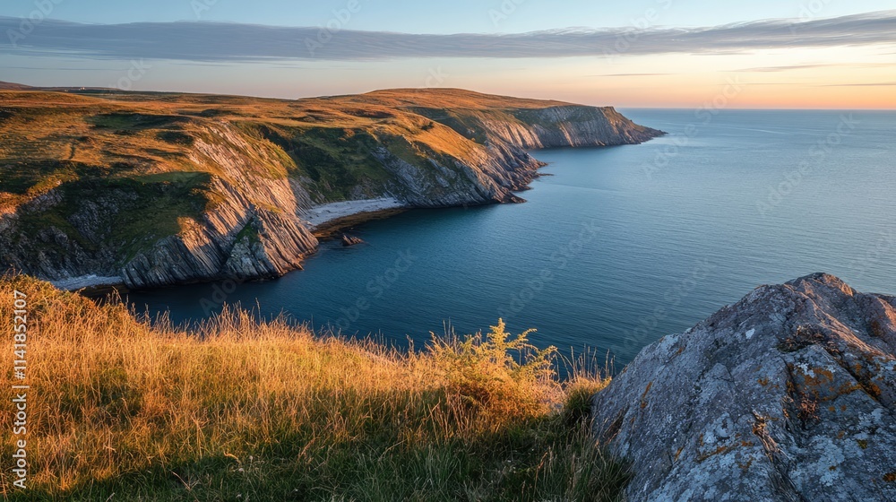 Naklejka premium Scenic coastal view of a tranquil bay with rugged cliffs and golden grass at sunset under a clear sky