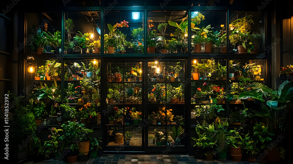 Night view of a plant shop with diverse indoor plants in pots, illuminated by warm lights. Night view of a plant shop with diverse indoor plants in pots, illuminated by warm lights.