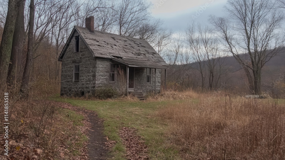Abandoned farmhouse beside hiking trail in serene rural landscape with overgrown grass and trees in autumn setting Abandoned farmhouse beside hiking trail in serene rural landscape with overgrown grass and trees in autumn setting