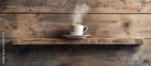 Steaming coffee cup on rustic wooden shelf creating a cozy morning atmosphere in a warm inviting setting photo