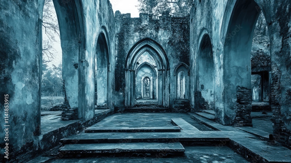 Fototapeta premium Monochrome blue tones of historic church ruins highlighting intricate architectural features and serene ambiance