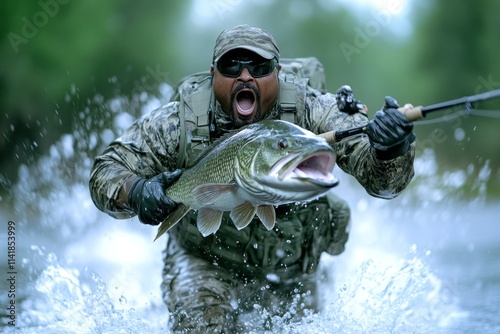 A dramatic shot of a fisherman reeling in a large, jumping fish, with water splashing around them