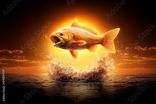 A dramatic shot of a fisherman reeling in a large, jumping fish, with water splashing around them