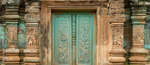 Weathered green door with intricate carvings evoking curiosity and exploration in a historical architectural setting.