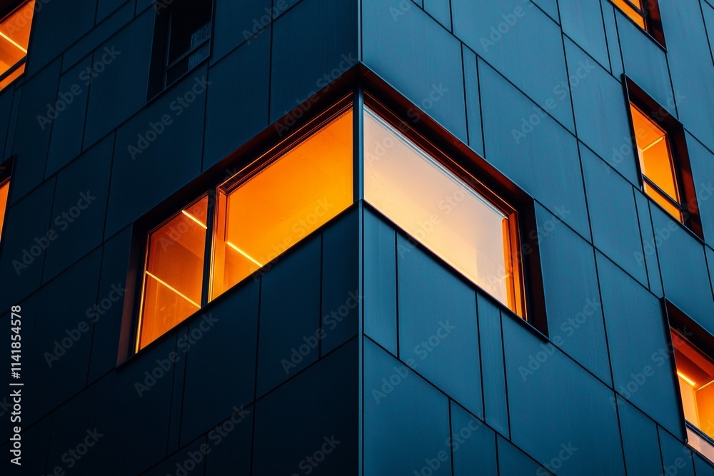 Modern minimalist architecture, steel windows with orange light inside the glass cube on a dark blue building facade Modern minimalist architecture, steel windows with orange light inside the glass cube on a dark blue building facade