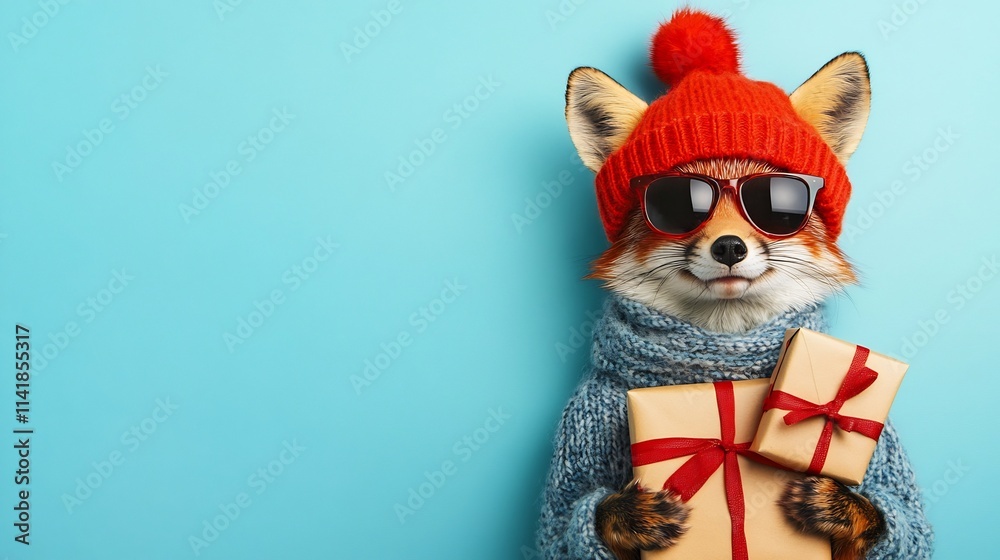 Fototapeta premium Adorable Furry Fox in Sunglasses and Beanie Holding Gift Boxes on Serene Blue Background