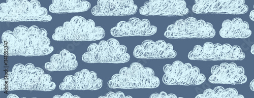 Seamless pattern with abstract cartoon clouds. Cute kid seamless pattern. Hand drawn doodle sketch children cute vector school chalk background. Kids doodle crayon style line doodle pattern