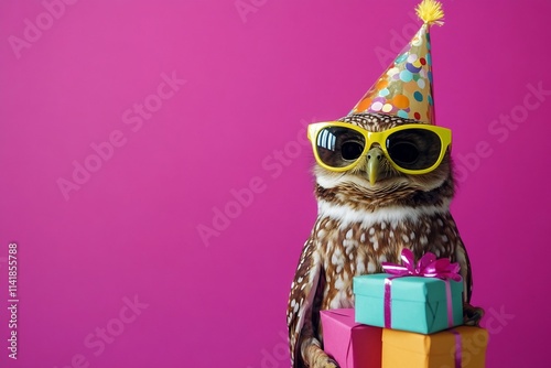 Funny Owl Reptile With Sunglasses Party Hat and Gift Boxes on Vibrant Magenta Background photo