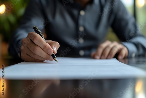 businessman sitting at desk holds pen signing contract paper, lease mortgage, employment hr or affirm partnership, Generative AI