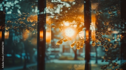 Golden Sunset Through Autumn Leaves and Trees